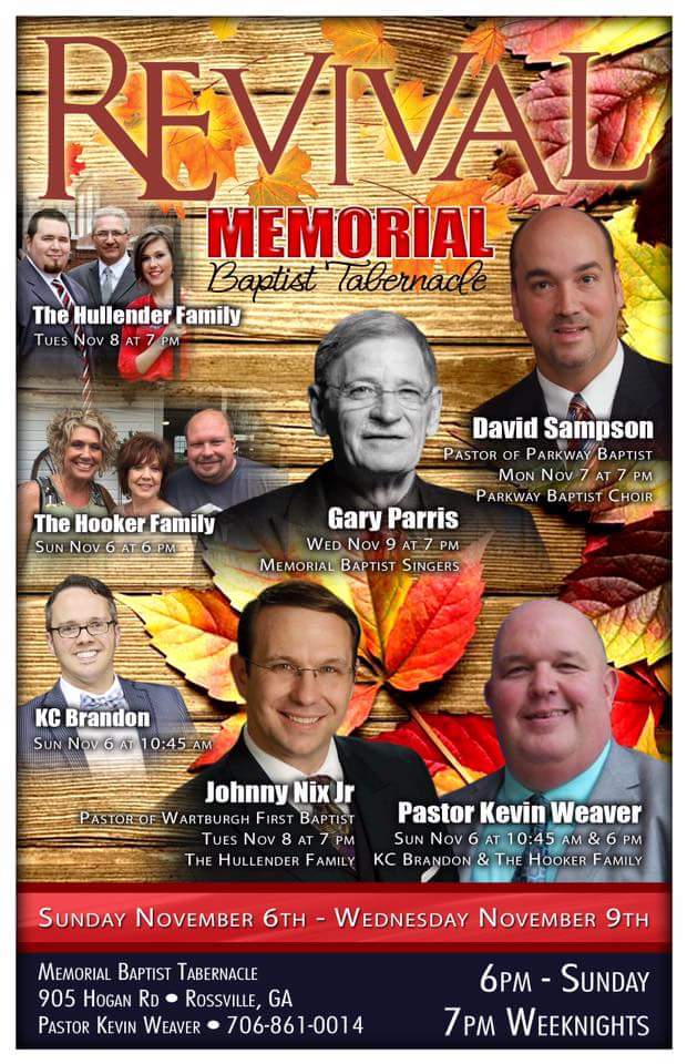 Area Meeting: Revival – Memorial Baptist Tabernacle – Rossville, Ga