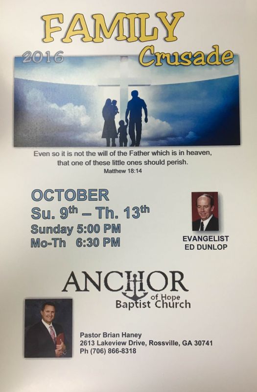Area Meeting: Crusade – Anchor of Hope Baptist Church – Rossville, Ga